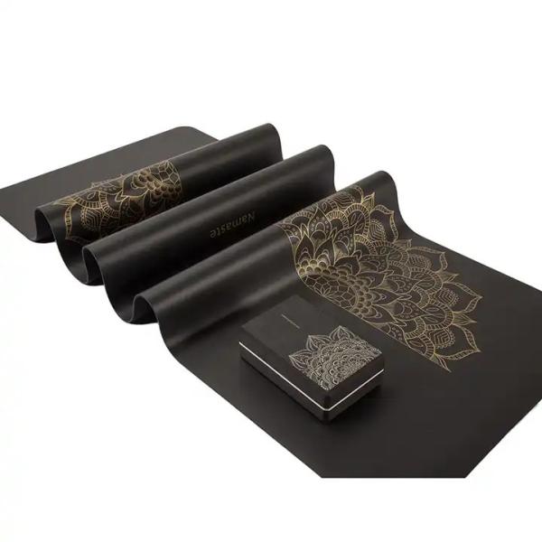 Eco Friendly Private Label Custom Wholesale 4mm Hot Gold Stamping UV Printing Black Natural Rubber PU Leather Yoga Mat