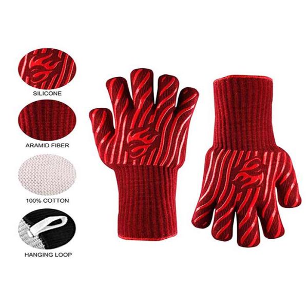 Red Heat Resistant Work Gloves , Aramid Fiber Material Bbq Grill Gloves
