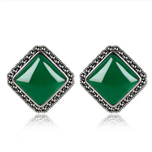 925 Silver Green Agate Marcasite Stud Earrings Thai Vintage Jewelry (E11062)