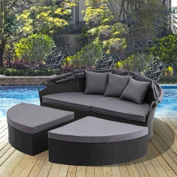 Modern Hotel Outdoor Furniture Patio Rattan Round Flip Top Daybed With Canopy Cushion For Backyard Porch