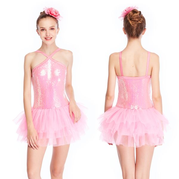 Pink Ballet Dance Tutu Dress Sequins Bodice Dance Solo Duet Costumes Stage Competitions Performance