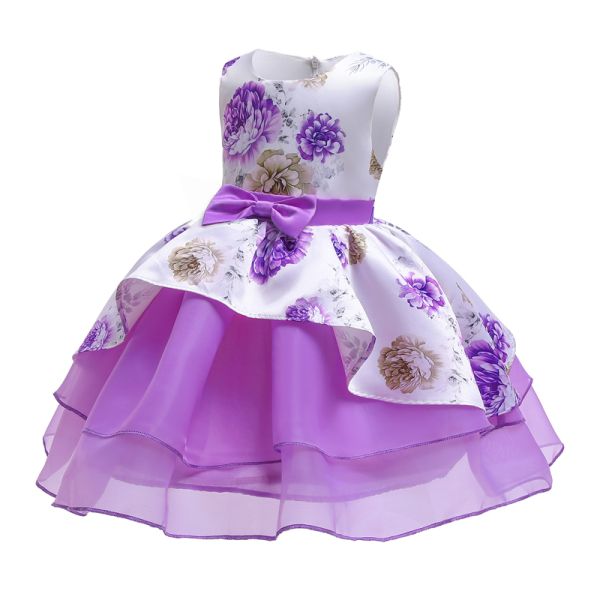 Hot Sale Toon Purple Girl Dress Bow Belt Printed Mesh Gown Princess Dress Tutu Dresses Invisible Zipper Disfraces Vestid