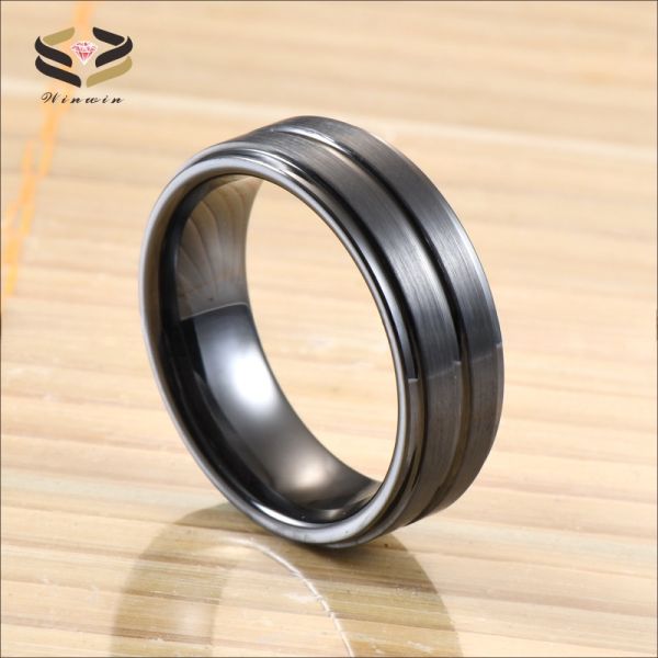 Banda de bodas de cerámica negra de 8 mm, centrada y decorada para hombres, regalo de aniversario
