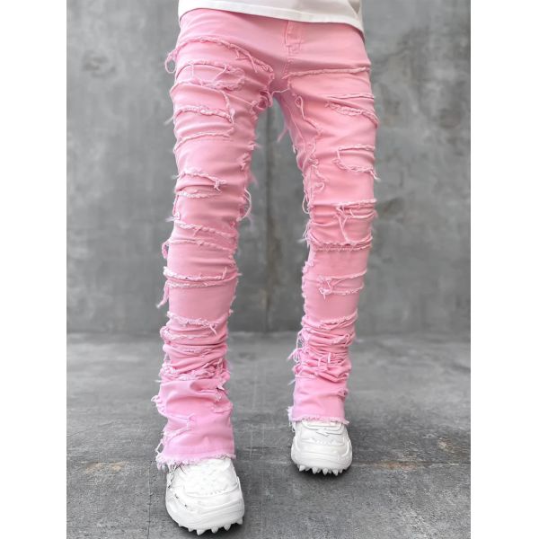 Street Style Men's Boot Cut Light Blue Damaged Tassel Applique Jeans Spandex/Cotton