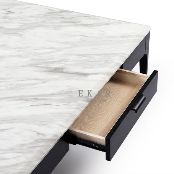 Square Ash Wood Frame White Marble Top Center Modern Coffee Table with Drawer