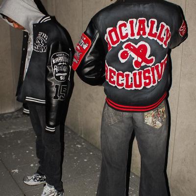 Homme sur mesure Manche en cuir Cheniille Broderie de détresse Jacket universitaire noir Lettre patchwork Letterman Jacket bombardier universitaire