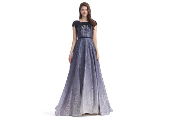 Sweep Train Formal Ladies Evening Dresses Short Sleeve U - Neck Style
