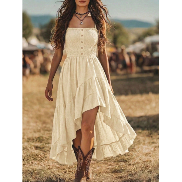 Bohemian Women's Dress with Front Short Back Long Hem Cinched Waist and Soft Lightweight Fabric