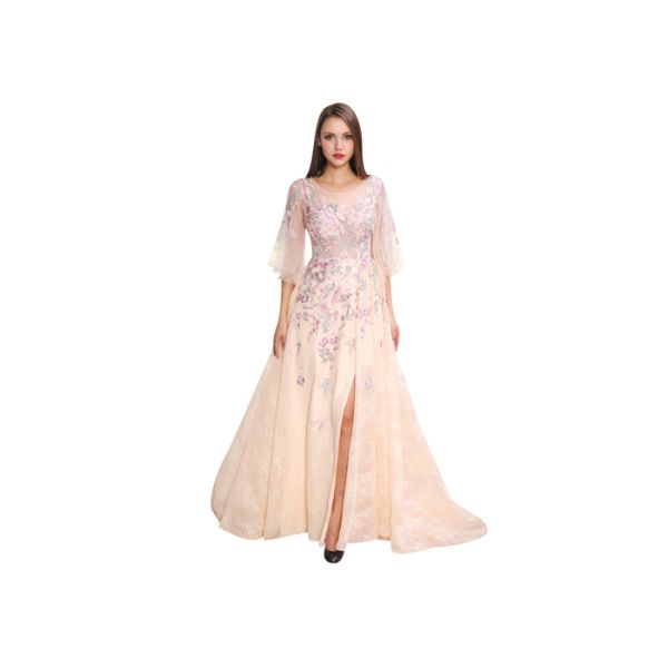 Flower Applique Long Sleeveless Evening Dress A - Line Dress For Wedding Or Ceremony