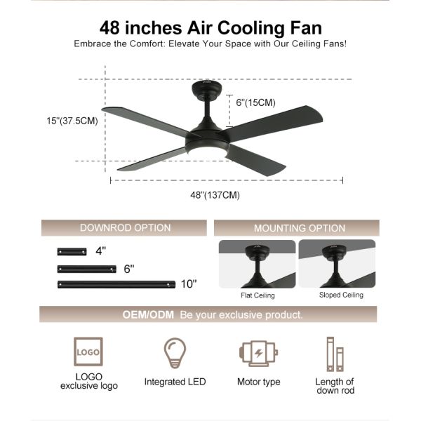 Black Finish ODM Tamanho 3 Cor LED Dimmable Ventilador de teto com 110-240V / 50Hz-60Hz de entrada