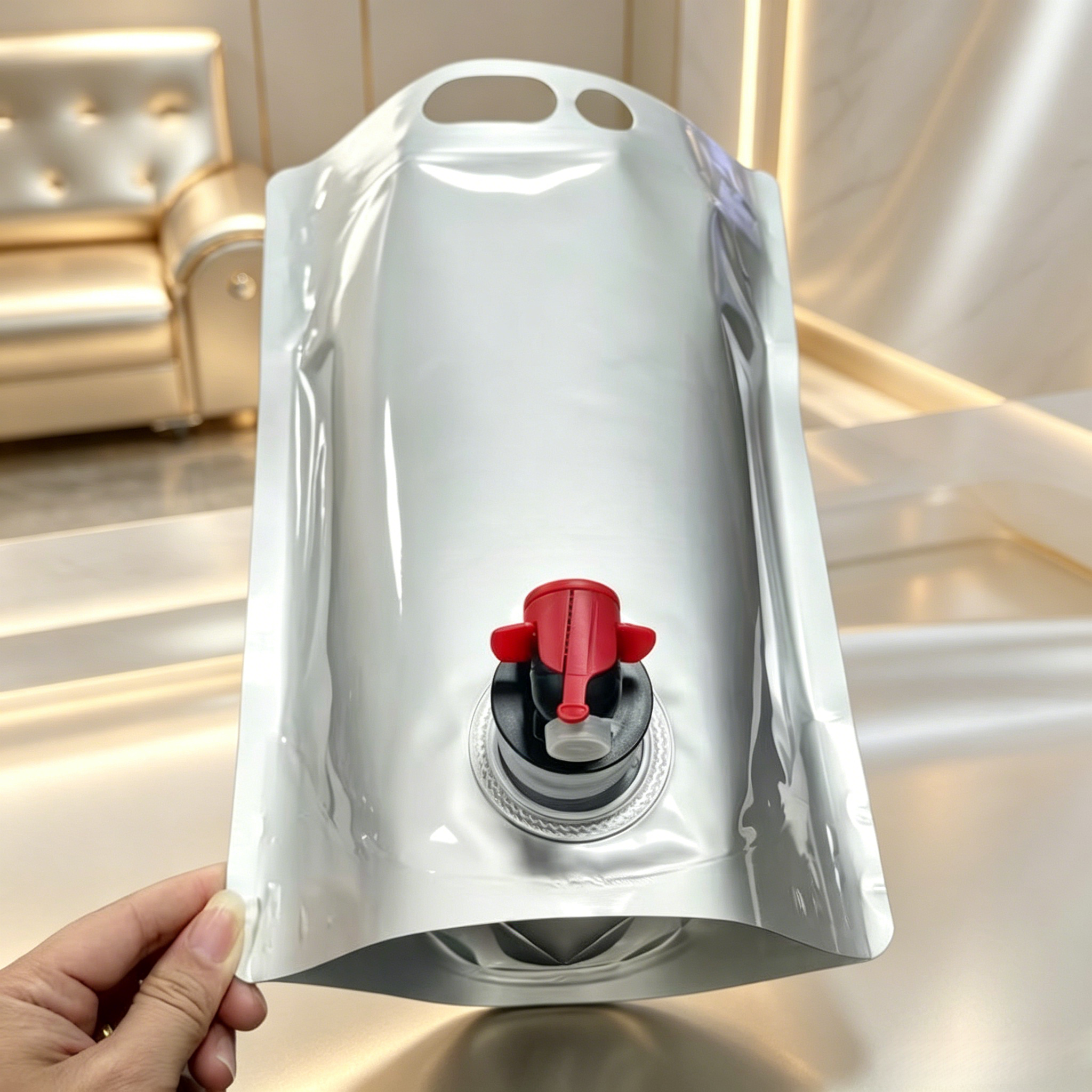 Blank Silver Aluminum Foil Stand Up Tap Spout Pouch With Double Carry Holes | Leak-Proof Re-Sealable Dispenser Bag For Wine, Juice & Cold Brew Coffee