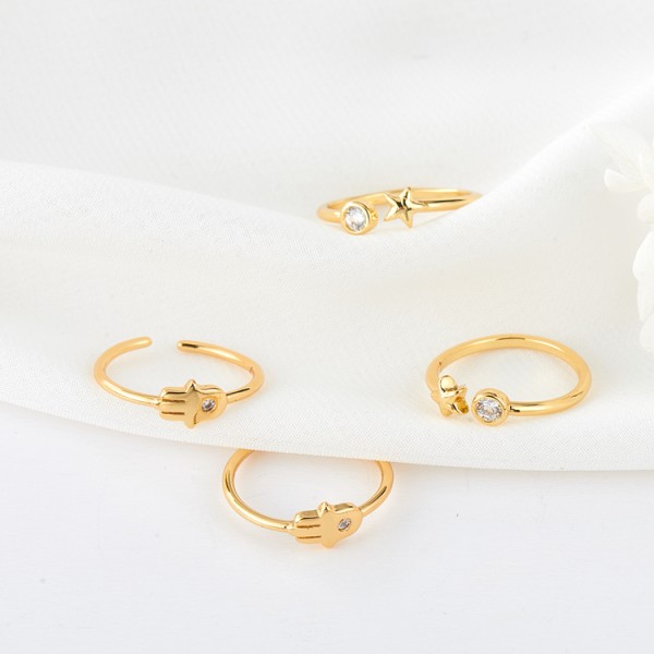 Simple Brass Micro-set Zircon 14K Gold Plated Hamsa Hand Star Shape Adjustable FashionJewelry Ring