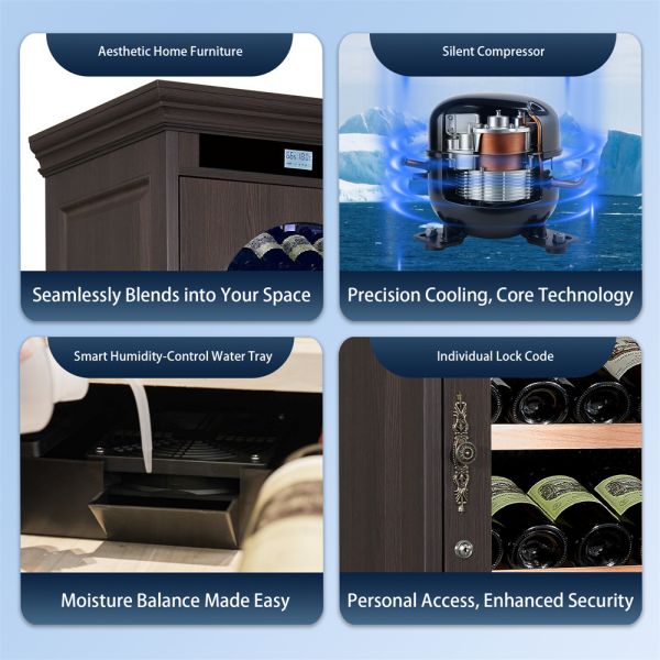 Dark Brown Solid Wood Freestanding Wine Cooler Cabinet with Arched Glass Door and Digital Control Panel