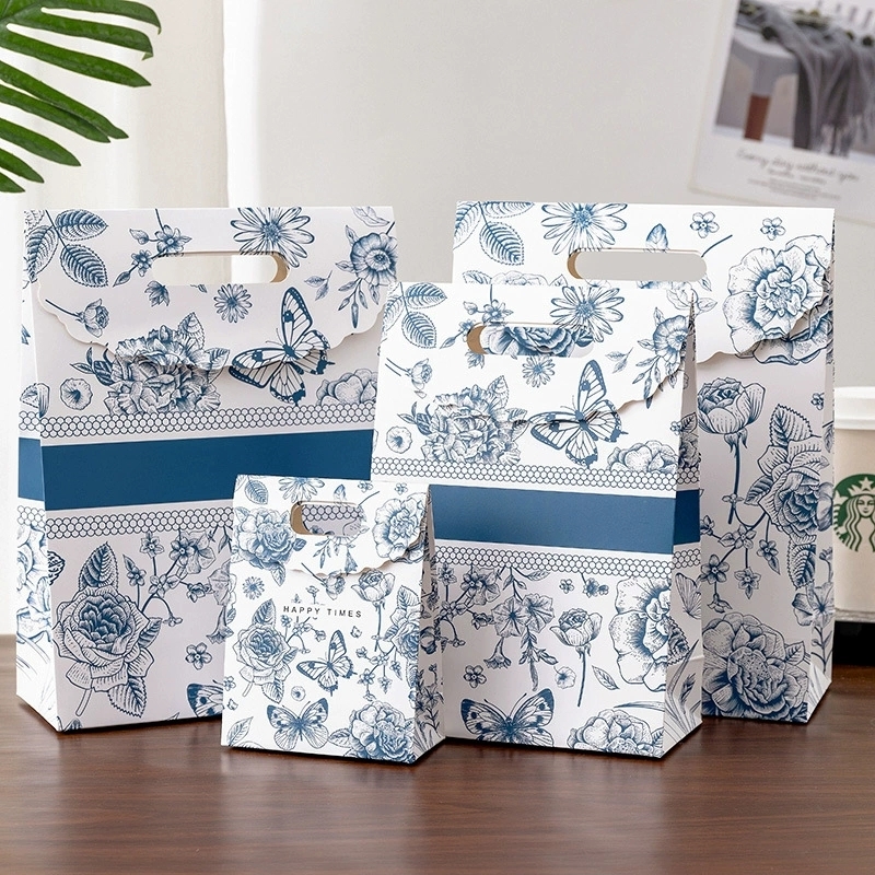 Floral Printed Paper Gift Bags with Die Cut Handle and Flap Top