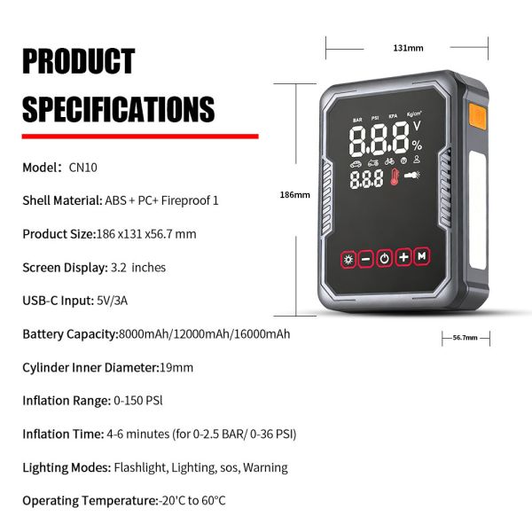 3 In 1 Jump Starter With Tyre Inflator 12V With SOS Warning Light Air Compressor Tire Inflator Car Jump Starter Kit