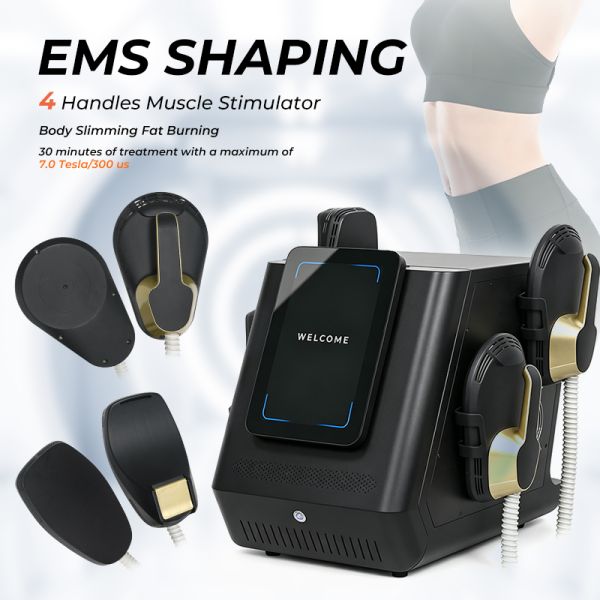 Non-invasive EMS slimming machine, for weight loss, muscle shaping, and fat burning; with four handles for home and commercial use.