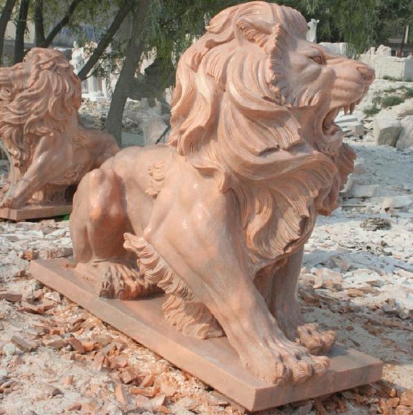 Nature Stone carving lions statue pink marble animal sculpture,stone carving supplier