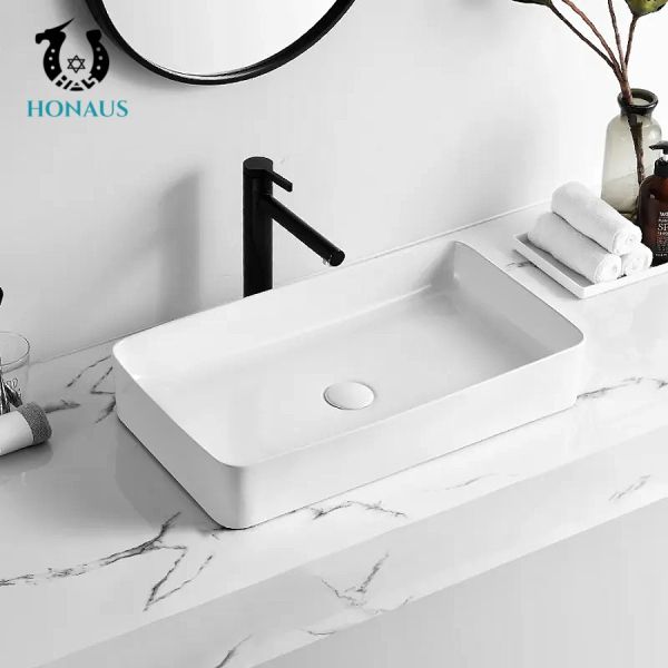 Elegant White Bathroom Countertop Basin Rectangle Simple Design 610×340×110mm