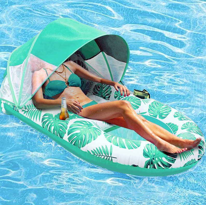 PVC Inflatable Sunshade Floating Bed Canopy Pool Lounge Chair Detachable Floating Raft Backrest Hollow-Design for Beach Water
