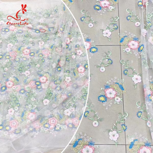 Colorful Floral Embroidery Fabric With Sequins Swiss Mesh Volie Lace