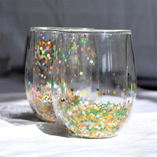 13oz Customized Borosilicate Double Wall Tumbler Drinking Glasses With Colorful Glitter Inside