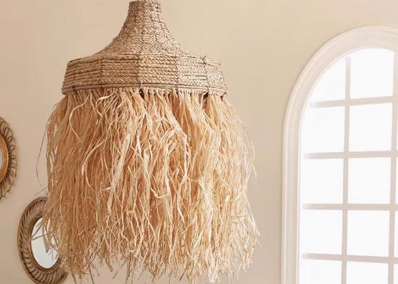 Rattan Chandelier Hotel Restaurant Straw Hat Lamp for Bedroom