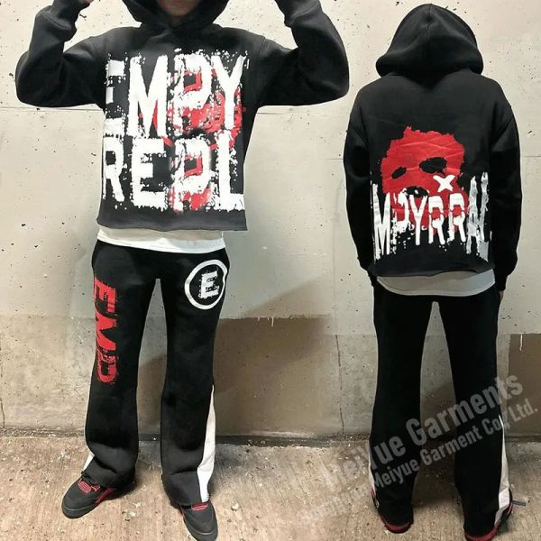 Custom Streetwear Cropped Hoodie Men Vintage No String Pullover Cut and Sew Hoodies Flared Sweatpants and Hoodie Set