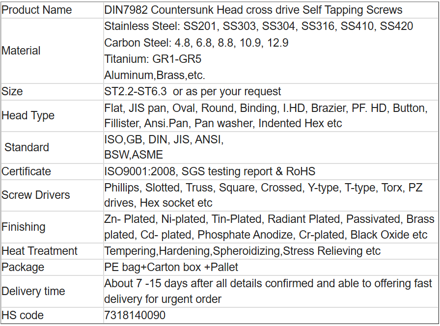 DIN7982 Countersunk Head Cross Drive Self Tapping Screws