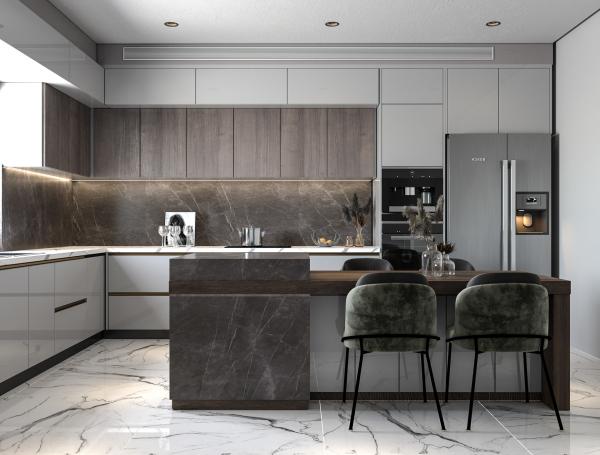 High Gloss OEM Furniture Modular Lacquer Kitchen Cabinets With Marble