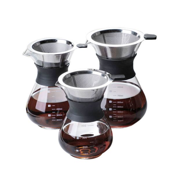 B2B 400 ml de vidrio personalizado vertido sobre la cervecera de caféFiltro de acero inoxidable y manga de maderaCamping cervecera