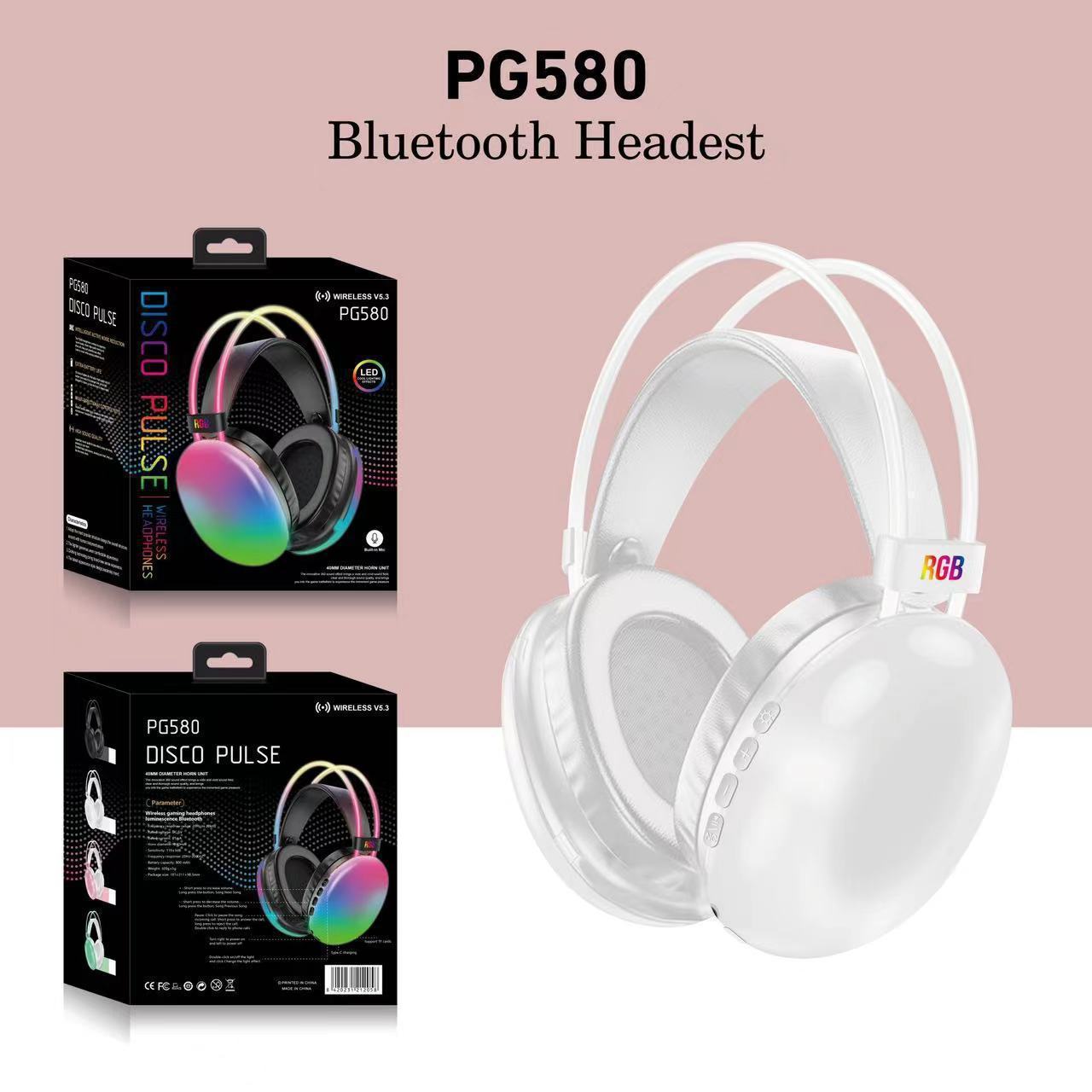 JTY-580 RGB wireless gaming headset, Bluetooth 5.0 headset with color LED lights, HiFi stereo, long battery life, surround sound, suitable for gaming headsets on PC phones