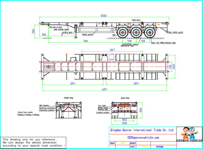 Механический трейлер контейнера перехода 20ft 40ft подвеса 12m