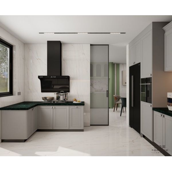 Timeless Stainless Steel Kitchen Cabinet With Dark Green Quartz Countertop And Raised Panel Doors