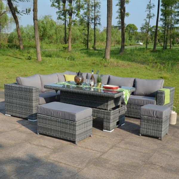 Modern Rattan Garden Set with Sectional Dining Sofa and Rising Table Outdoor Furniture