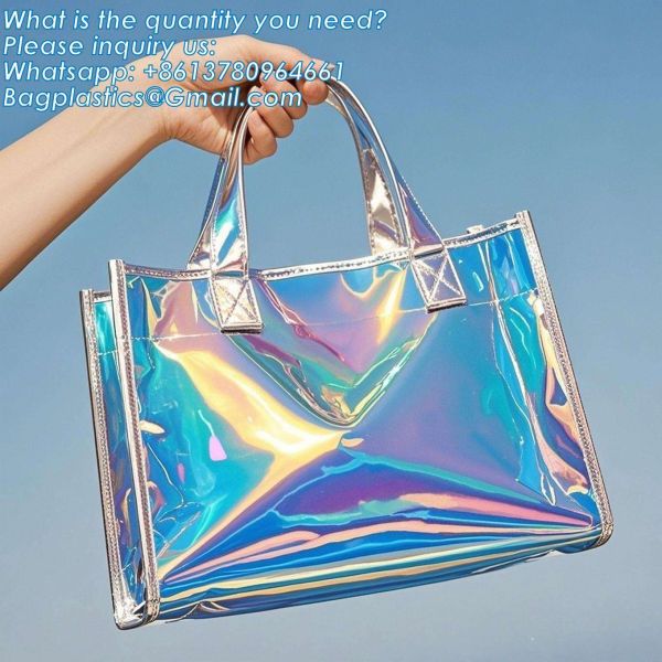 Vinyl Tote Bag Neon Jelly Shoulder Beach Bag Laser Shopping Summer Beach Women Pvc Shoulder Tote Bags Holographic Waterproof Jelly Transparent Handbag For Girl