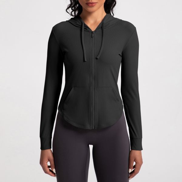 Ribbed Knit Full Zip Women Yoga Jacket Hooded Stretchable with Kangaroo Pocket