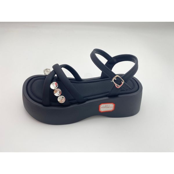 Women black bottomed sandals with rhinestone genuine leather in summer