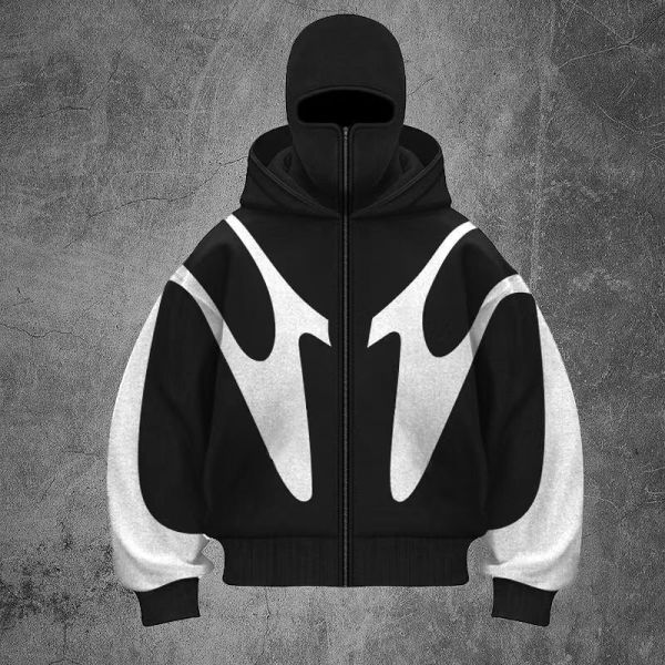 Heavy Cotton Mens Patchwork Hoodie Double Layered Masked Full Balaclava Zip Hoodies