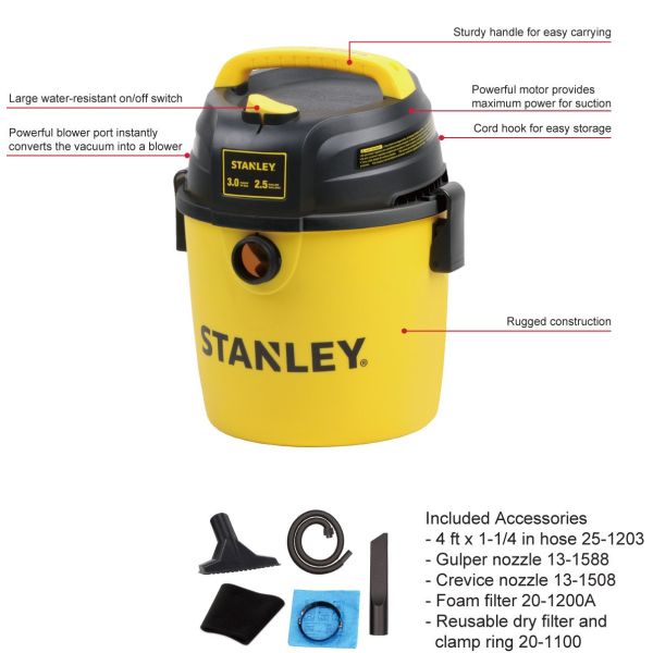 Wall Mounted Stanley Wet Dry Vacuum Cleaner 2.5 Gallon Small Portable Shop Vac