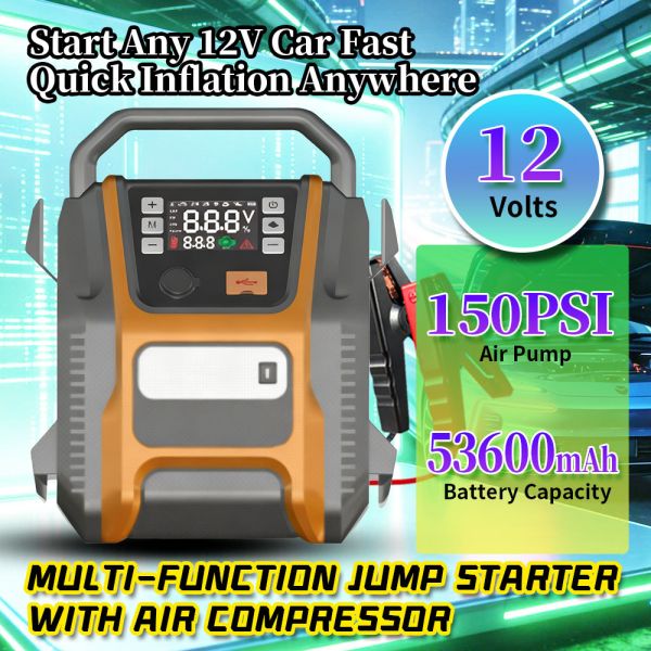 53600mAh Digital Car Jump Starter with 150PSI Air Compressor and 6000A Peak Current Portable Tire Inflator