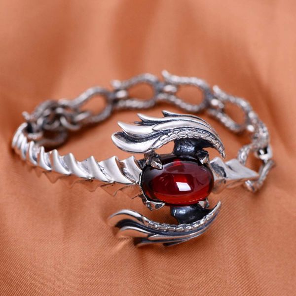 Handmade Sterling Silver Chain Link Phoenixes Synthetic Garnet Charm Women Bracelet (014902)