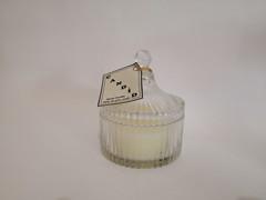 Large decor glass scented  candle with decor lid, printed hang card