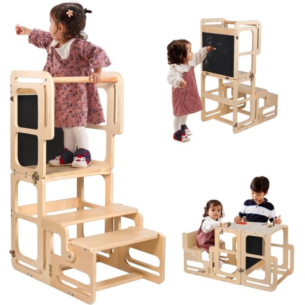 Montessori Foldable Learning Wooden Tower Adjustable Kitchen Step Stool for Toddlers