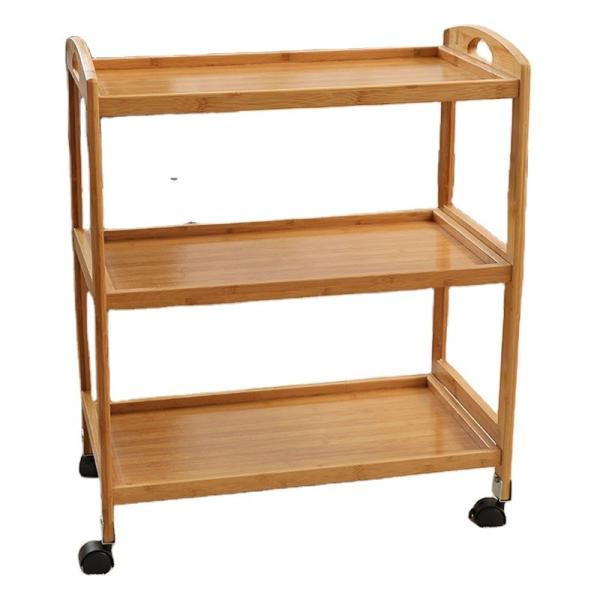 Direct Customized Logo 3 Tiers Island Cart for Hotel with Bamboo Material and Wheels