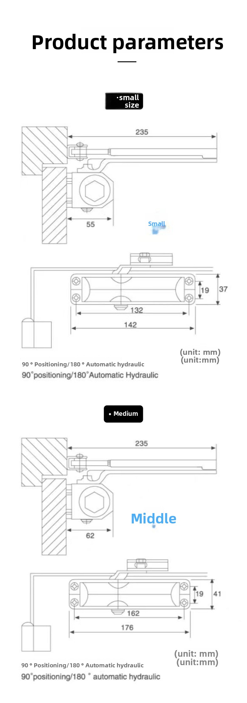 Hydraulic Buffer Aluminum Alloy Automatic Door Closer Dual Speed Xiongfeng XF-25030 2-Year Warranty 180 Opening Angle