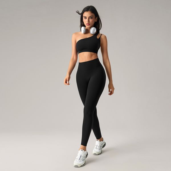 Asymmetric Strap Sports Bra High Waisted Leggings Set Sweat Wicking for Yoga Gym Workouts