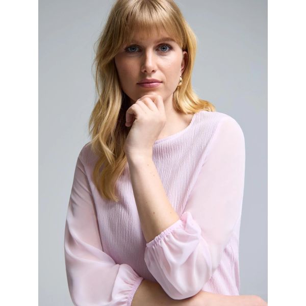 Elegant Round Neck Blouse with Sheer Chiffon Sleeves - Textured Knit Body (Cream / Blush Pink)