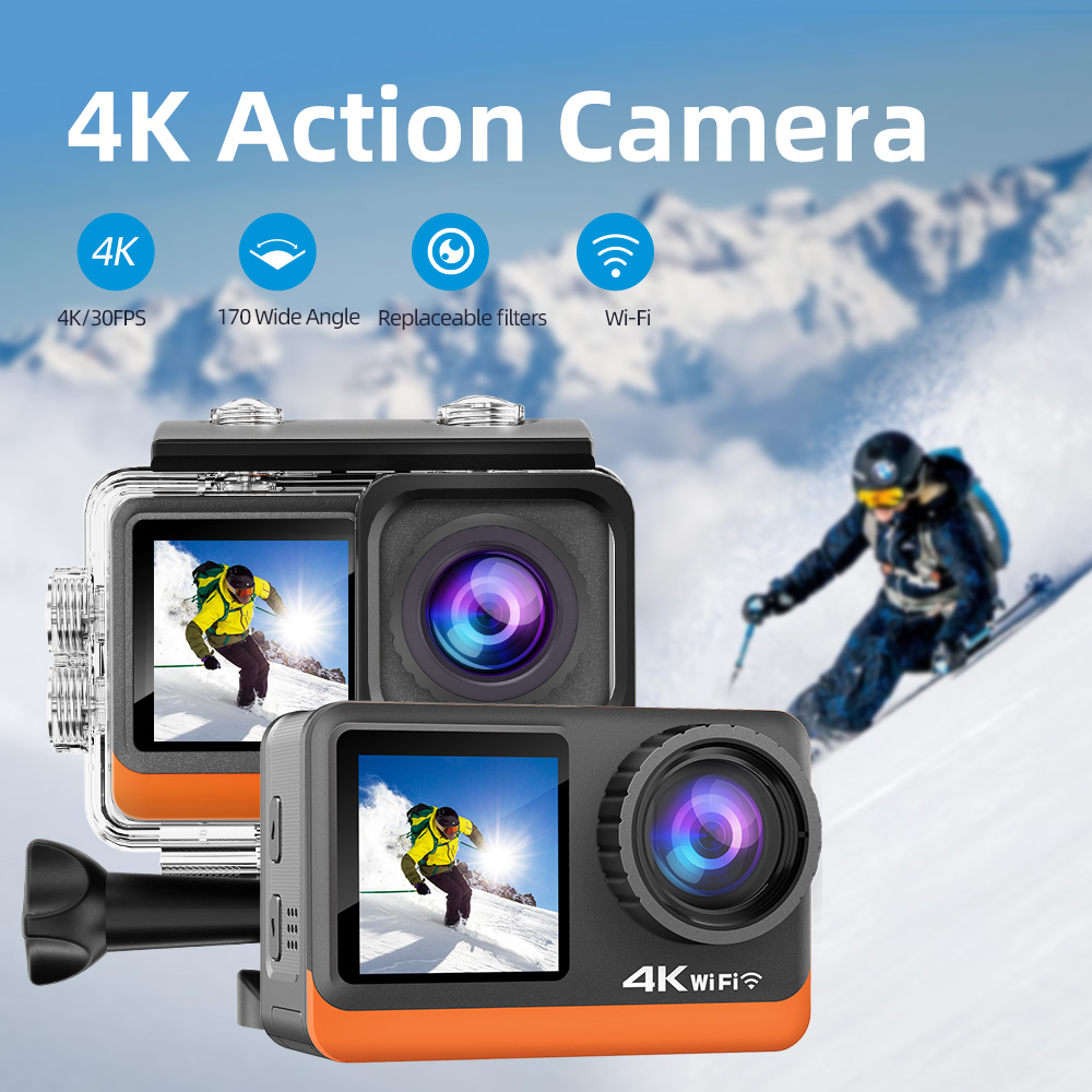 4K Waterproof Sports Action Camera with 170 Wide Angle Dual Touch Screen WiFi 30m Housing 2.4G Remote Control for Outdoor Use
