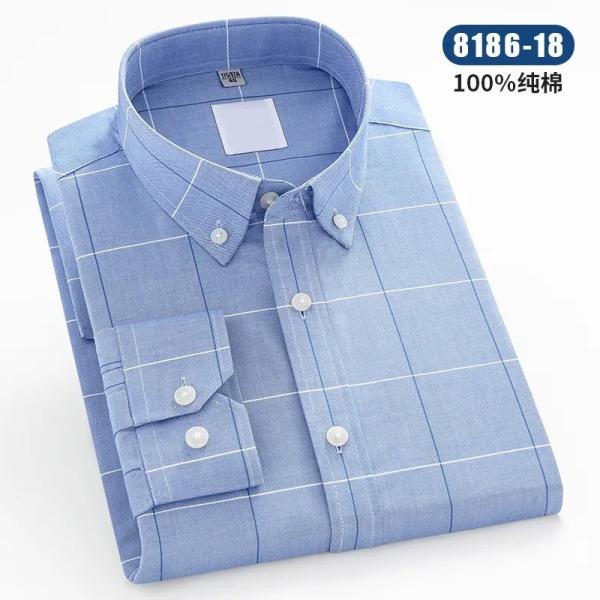                 2023 New Men′s Oxford Textile Shirt Pure Cotton Spring and Autumn Long Sleeve Youth Shirt Cotton Pocket Stripe Wholesale             