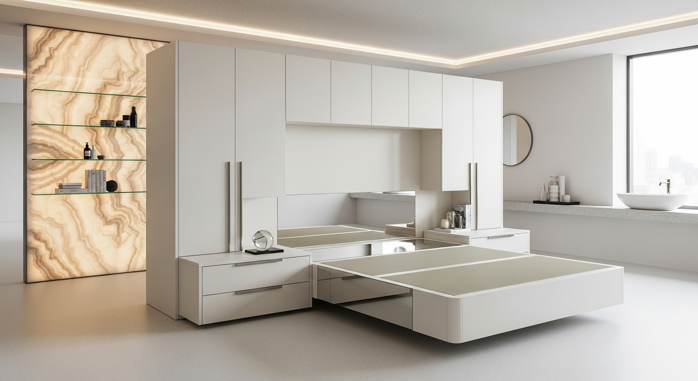 Floating Platform Tatami Bed with Integrated Storage in 304 Stainless Steel